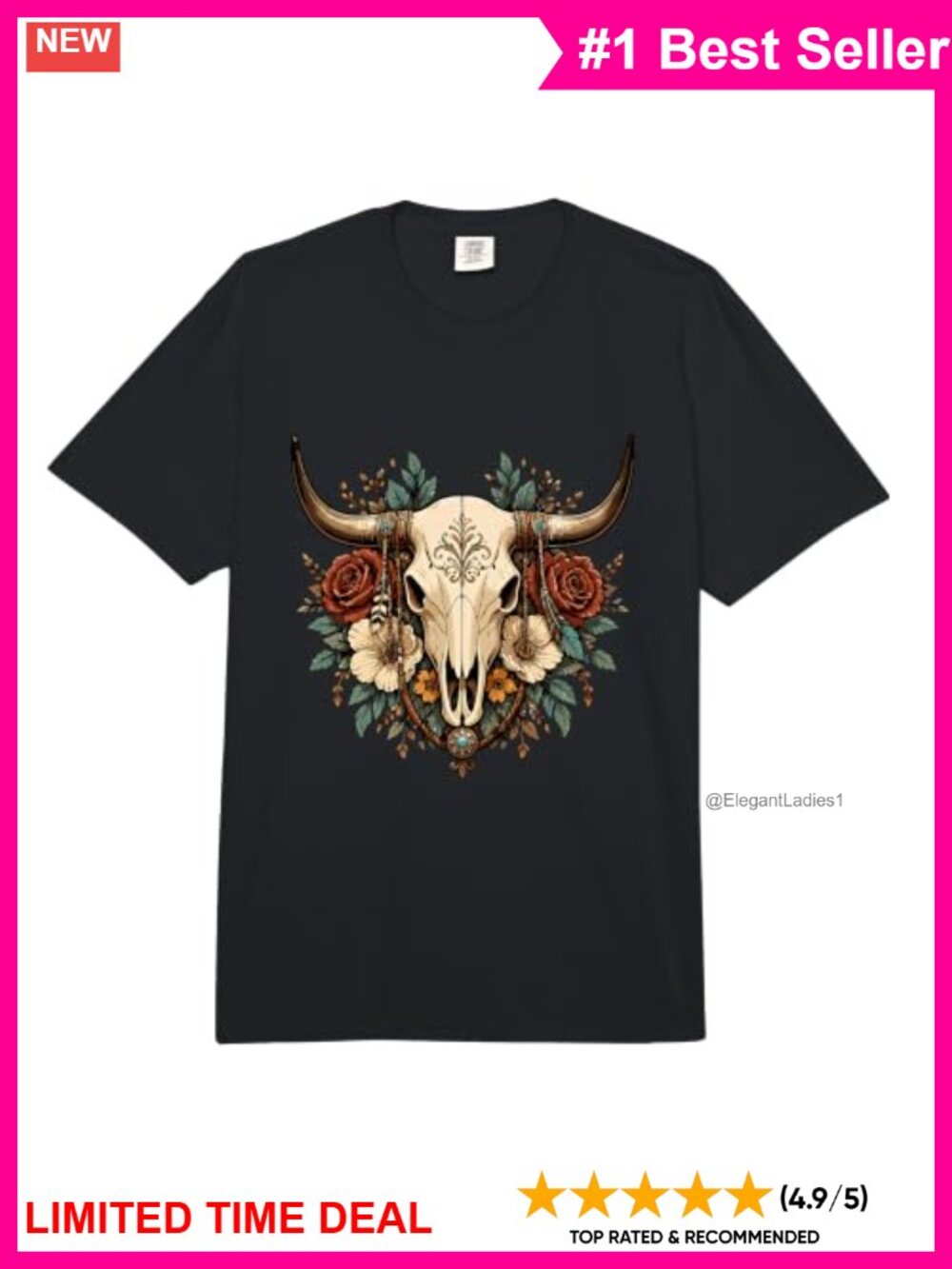 Gothic Cow Skull Roses Floral Western Heavyweight T-Shirt